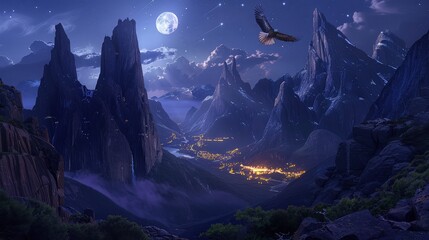 Step into a serene night scene where towering mountains loom under a canopy of twinkling stars and a radiant moon.