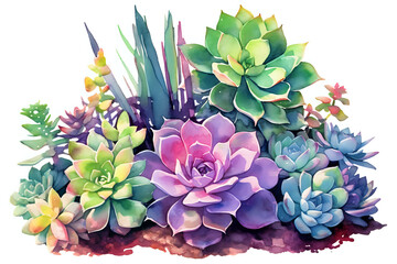Vibrant Watercolor Succulent Arrangement.
Artistic watercolor painting of a lush succulent garden, featuring a variety of colorful plants. Perfect for home decor, botanical art collections, and garden