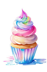 Watercolor Rainbow Swirl Cupcake.
Captivating watercolor illustration of a rainbow swirl cupcake, ideal for party invitations, bakery promotions, and dessert-themed art projects.