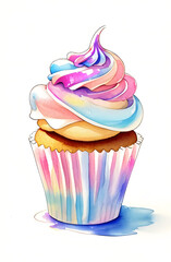 Watercolor Rainbow Cupcake Illustration.
Vibrant watercolor illustration of a rainbow cupcake, ideal for party invitations, birthday cards, and dessert-themed design projects.