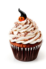 Halloween Themed Cupcake with Witch Hat Topper.
Delicious Halloween themed cupcake with creamy frosting, sprinkled with chocolate shavings, topped with an edible witch hat topper, perfect for festive 