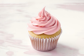 Delightful Vanilla Cupcake with Pink Frosting.
Tempting vanilla cupcake topped with pink swirling frosting and colorful sprinkles, set against a playful watercolor background. Ideal for bakery menus, 