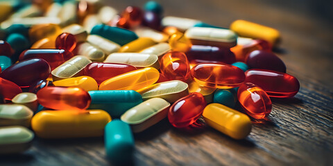 Vibrant Pills and Capsules on Wooden Surface.
An array of colorful pills and capsules spread on a rustic wooden table, depicting medical treatment, health supplements, and pharmaceutical concepts.