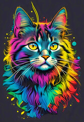 Colorful Cat Illustration on Dark Background.
Striking digital illustration of a cat with a vibrant, multicolored fur pattern, ideal for modern art designs, posters, and animal-related creative projec