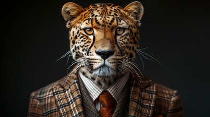 A stylish leopard in a sophisticated outfit with a sleek necktie. Portrait of a fashionable anthropomorphic big cat exuding a confident human-like demeanor.