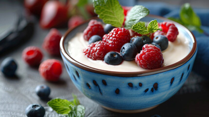 Bowl with tasty yogurt and berries on table