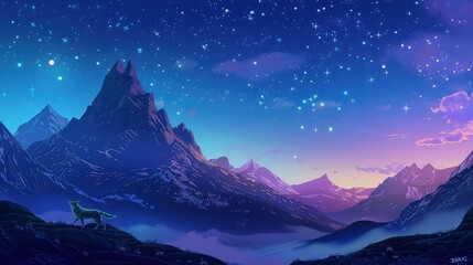  Step into a serene night scene where towering mountains loom under a canopy of twinkling stars and a radiant moon. 