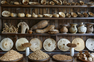A collection of dried bitter gourd slices and other dry goods, arranged in a decorative display. - obrazy, fototapety, plakaty