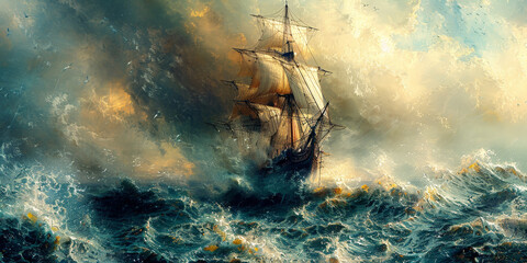 Obraz premium A pirate ship sails on stormy sea,