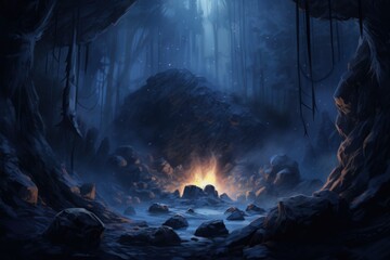 Rock cave in a mystical forest with bonfire and blue fog, fantasy concept. - obrazy, fototapety, plakaty