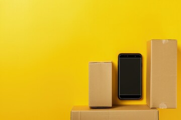 Obraz premium Cell phone with cardboard box, technology concept, delivery.
