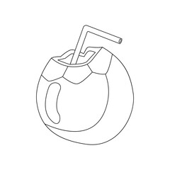 Coconut cocktail, drink decorated with a straw. Black and white vector icon on white background. Handmade coconut drink, cocktail with straw. Summer time, vacation.