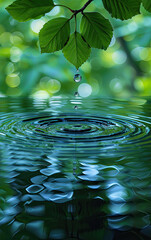 huge water ripple of a water drop from a green leaf branch 