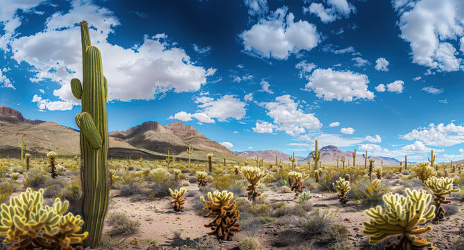 Panoramic photo of the desert in Arizona with cacti and mountains, blue sky, white clouds. Generative Ai Image.