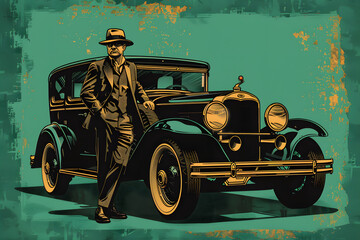 A prohibition-era gangster casually leaning against a vintage car, in a detailed woodcut style on a speakeasy emerald background