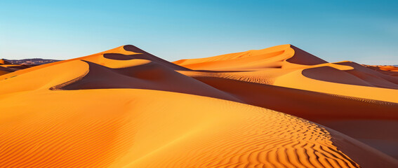 Sand dunes in the Sahara Desert, vibrant orange hues against clear blue sky, capturing their endless horizon. Generative Ai Image. 