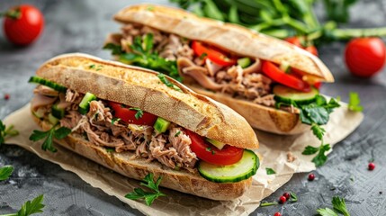 two delicious tuna sandwiches with tomato and cucumber in paper
