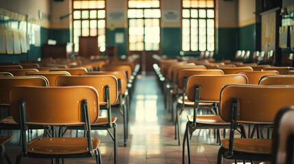 An empty classroom with rows of wooden desks and chairs, representing the start or end of school season. Generative Ai Image.