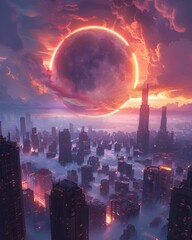 Futuristic Alien Metropolis on the Edge of a Black Hole with Warping Skyscrapers and Vibrant Neon Hues in a Surreal Cosmic Landscape