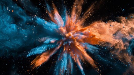 Colorful powder explosion in radial motion. Abstract speed concept in vibrant orange and blue hues on a black background.
