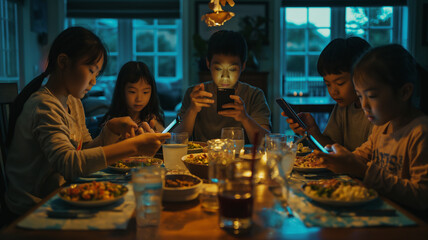 Disconnected Dining: Family Members Engrossed in Smartphones at Dinner Table, Reflecting the Influence of the Attention Economy on Modern Relationships - obrazy, fototapety, plakaty