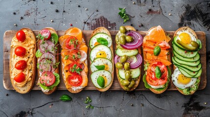 Variety of open sandwiches. Top view, flat lay.. - obrazy, fototapety, plakaty