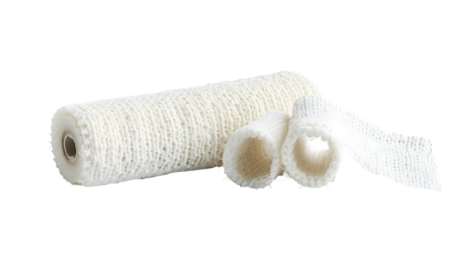 A white cotton mesh roll with an opening on one end and two spools of yarn attached to the open side with white background