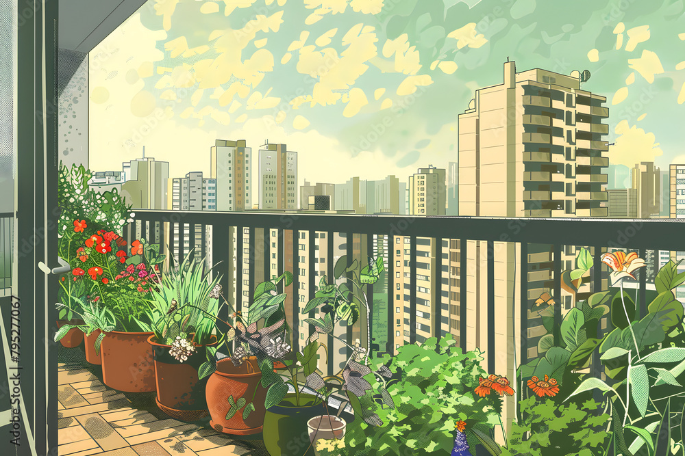 Wall mural an urban garden on a high-rise balcony, drawn in a retro poster style on an urban farming green back