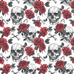 Hand drawn skull and roses seamless pattern, vintage roses skull print for the textile fabric, wallpaper, poster background