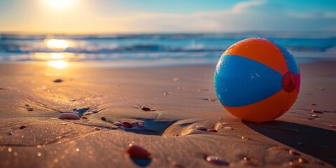 Fototapeta na wymiar Colorful beach ball resting on the sandy shore, inviting fun and relaxation under the sun.
