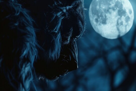 Werewolf in a dark forest, full moon in the background, fantasy concept.