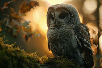 Owl on a branch, sunset in the background.