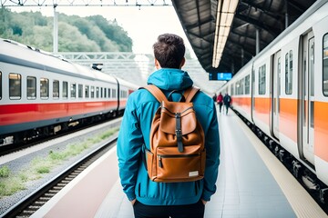 traveler man with backpack in train station.