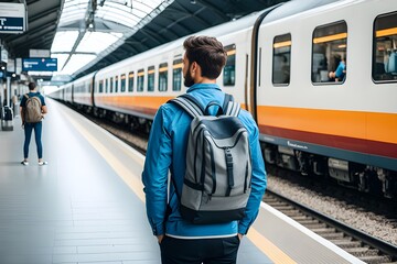 traveler man with backpack in train station.