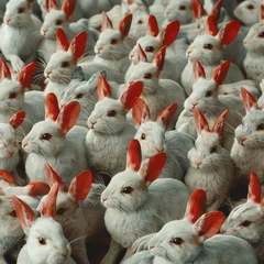 Deurstickers A group of white rabbits with red ears are standing in a line. The rabbits are all facing the same direction, and they are all looking at the camera © Дмитрий Симаков