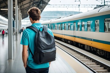 Fototapeta na wymiar traveler man with backpack in train station.