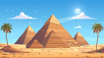 Egypts pyramids scene in flat graphics - obrazy, fototapety, plakaty