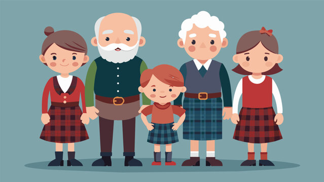 An elderly couple in traditional Scottish kilts and tartan patterns surrounded by their grandchildren wearing smaller versions of the same