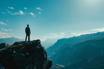 silhouette of a man standing on a rocky cliff overlooking a vast mountainous landscape