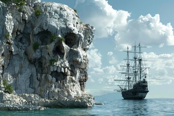 Stone hill in the shape of a giant skull on a pirate island, with anchored galleon, fantasy concept.