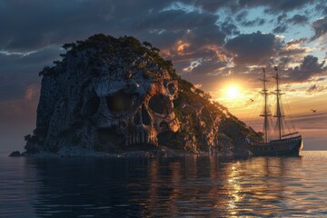 Stone hill in the shape of a giant skull on a pirate island, with anchored galleon, fantasy concept. - obrazy, fototapety, plakaty