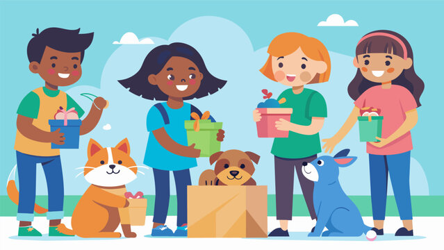 At the animal shelter First Responsibility Pet Care Day was in full swing as volunteers and kids worked together to create care packages for the