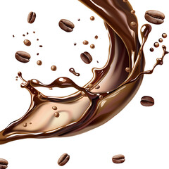 A splash of chocolate and coffee beans are seen, with a white background.