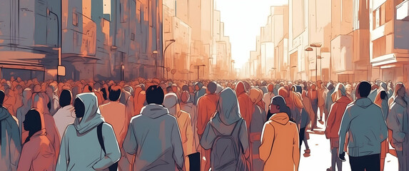 Illustration of a busy urban street filled with faceless individuals in warm hues representing anonymity in the crowd