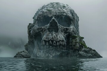 Stone hill in the shape of a giant skull on a pirate island, fantasy concept.