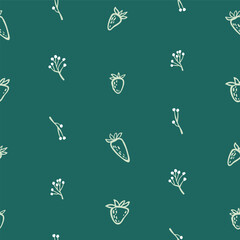 Hand drawn seamless pattern with strawberry on a green background. Cartoon fresh berry