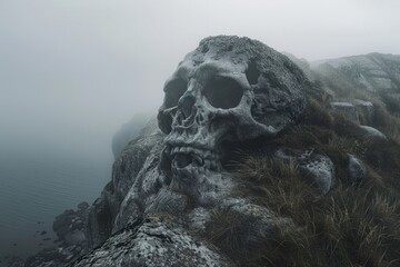 Stone hill in the shape of a giant skull on a pirate island, fantasy concept. - obrazy, fototapety, plakaty