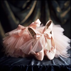 A pair of ballet flats and a tutu on a table.