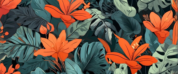 A digital illustration of a lush tropical scene with detailed green leaves and vibrant orange flowers
