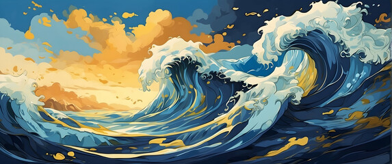 Majestic digital painting of ocean waves during a storm, capturing movement and the powerful energy of nature
